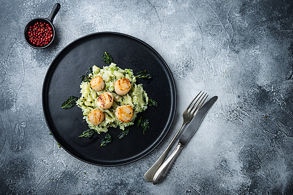 포토 JPG 해외이미지 접시 회색배경 조개 실내 사람없음 하이앵글 구이 가리비 관자 매시드포테이토 해외포토 식기 음식 뷰포인트 백그라운드 어패류 내부 회색 파일형식 이미지허브