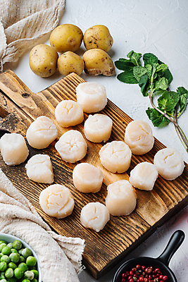 포토 JPG 해외이미지 식재료 조개 실내 사람없음 흰배경 가리비 관자 나무도마 해외포토 백그라운드 어패류 도마 내부 목재 흰색 파일형식 이미지허브