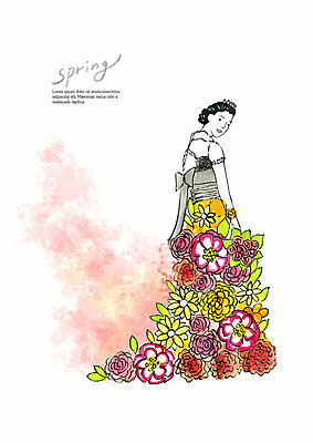 PSD 드레스 계절 여자 꽃잎 꽃 결혼 일러스트 붓터치 수채화 한명 사람 상반신 성인 컬러풀 뷰티 봄 뒤돌아보기 번짐 국내일러스트 식물 1 옷 컬러 모션 이벤트 파일형식 효과