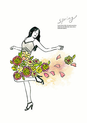 전신 PSD 드레스 계절 여자 꽃잎 꽃 포즈 일러스트 붓터치 수채화 한명 미소 사람 상반신 성인 컬러풀 뷰티 봄 춤 번짐 국내일러스트 식물 1 옷 컬러 문화예술 표정 파일형식 효과