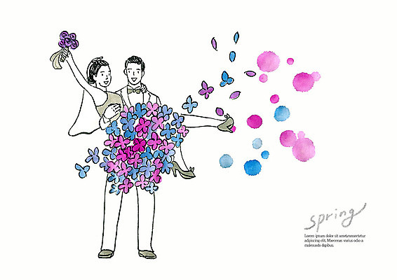 전신 PSD 부부 커플 드레스 계절 여자 남자 꽃 행복 분홍색 부케 웨딩드레스 결혼 일러스트 안기 붓터치 수채화 미소 사람 성인 두명 파란색 컬러풀 뷰티 보라색 봄 번짐 신랑신부 국내일러스트 식물 옷 감정 신부_웨딩 컬러 꽃다발 신랑 관계 모션 표정 이벤트 파일형식 효과