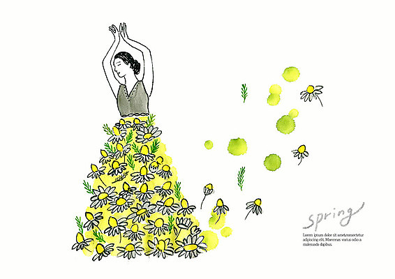 PSD 드레스 계절 여자 꽃잎 꽃 포즈 일러스트 붓터치 수채화 한명 사람 상반신 성인 연두색 컬러풀 뷰티 노란색 손들기 봄 춤 발레 번짐 국내일러스트 식물 1 옷 컬러 모션 문화예술 초록색 파일형식 효과