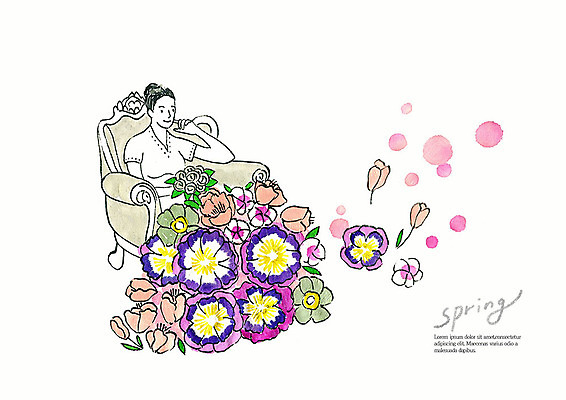 PSD 드레스 계절 여자 꽃 분홍색 일러스트 붓터치 수채화 한명 미소 사람 앉기 상반신 성인 소파 컬러풀 뷰티 보라색 봄 번짐 국내일러스트 식물 1 옷 컬러 의자 모션 표정 파일형식 효과