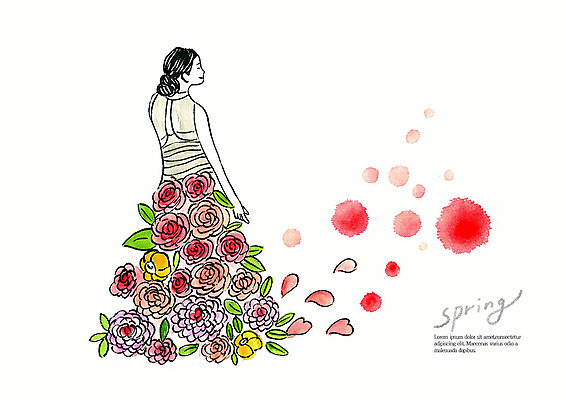 PSD 드레스 계절 여자 꽃잎 꽃 일러스트 붓터치 나뭇잎 수채화 한명 미소 사람 상반신 성인 빨간색 컬러풀 뷰티 장미 봄 번짐 국내일러스트 식물 1 옷 컬러 잎 표정 파일형식 효과