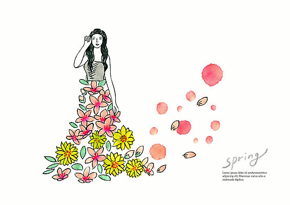 PSD 드레스 계절 여자 꽃잎 꽃 분홍색 일러스트 붓터치 수채화 한명 사람 상반신 성인 컬러풀 뷰티 노란색 봄 벚꽃 번짐 국내일러스트 식물 1 옷 컬러 파일형식 효과