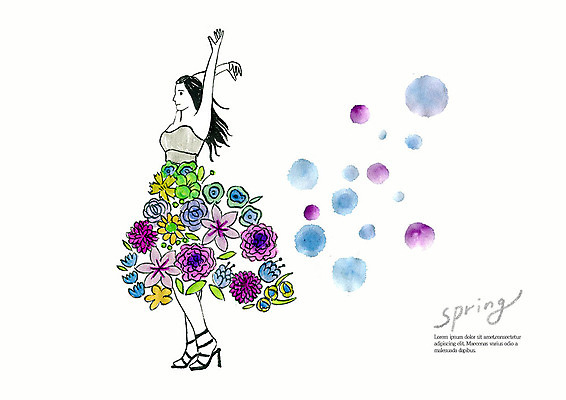 PSD 드레스 계절 여자 꽃 일러스트 붓터치 수채화 한명 사람 상반신 성인 파란색 컬러풀 뷰티 손들기 보라색 봄 춤 샌들 번짐 국내일러스트 식물 1 옷 컬러 신발 모션 문화예술 파일형식 효과