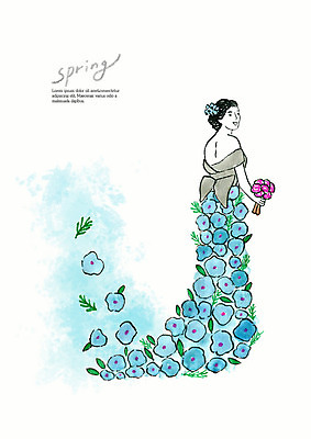 PSD 드레스 계절 여자 꽃잎 꽃 부케 일러스트 붓터치 수채화 한명 사람 상반신 성인 파란색 컬러풀 뷰티 봄 번짐 국내일러스트 식물 1 옷 컬러 꽃다발 파일형식 효과