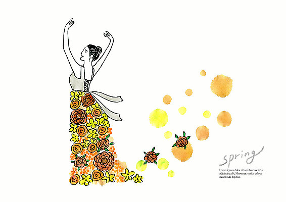 PSD 드레스 계절 여자 꽃잎 꽃 포즈 일러스트 붓터치 수채화 한명 사람 상반신 성인 컬러풀 뷰티 장미 노란색 주황색 봄 춤 발레 번짐 국내일러스트 식물 1 옷 컬러 문화예술 파일형식 효과