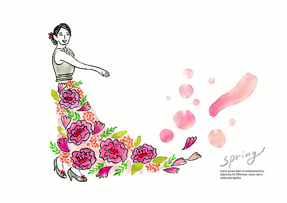 PSD 드레스 계절 여자 꽃잎 꽃 분홍색 일러스트 붓터치 수채화 한명 미소 사람 상반신 성인 컬러풀 뷰티 봄 번짐 작약 국내일러스트 식물 1 옷 컬러 표정 파일형식 효과