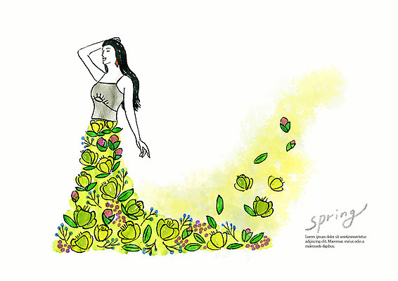 PSD 드레스 계절 여자 꽃잎 꽃 일러스트 붓터치 수채화 한명 미소 사람 상반신 성인 초록색 컬러풀 뷰티 노란색 봄 번짐 국내일러스트 식물 1 옷 컬러 표정 파일형식 효과