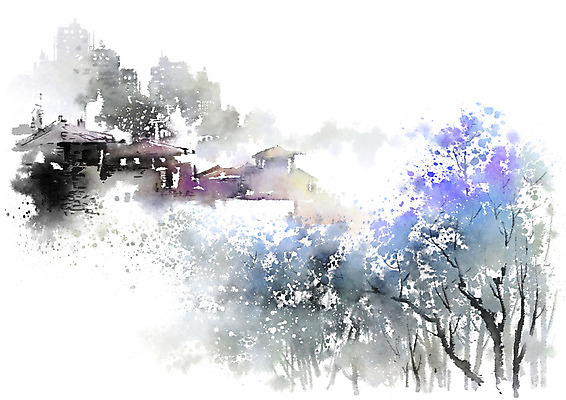 PSD 나무 일러스트 캘리그라피 붓터치 주택 흑백 풍경 빌딩 사람없음 건물 파란색 보라색 도시 도심 숲 번짐 국내일러스트 식물 건축물 컬러 촬영기법 파일형식 효과