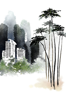 PSD 나무 일러스트 캘리그라피 붓터치 산 흑백 풍경 해변 사람없음 건물 초록색 숲 휴양지 번짐 콘도 국내일러스트 식물 건축물 바다 컬러 숙소 촬영기법 장소 파일형식 효과