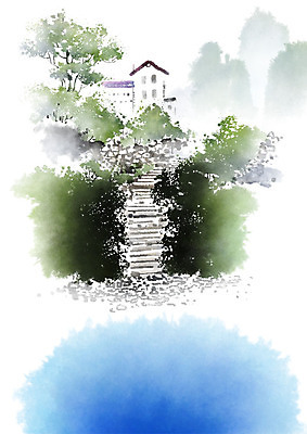 PSD 나무 호수 일러스트 캘리그라피 붓터치 산 흑백 풍경 사람없음 건물 초록색 파란색 계단 숲 언덕 휴양지 번짐 콘도 국내일러스트 식물 건축물 컬러 숙소 촬영기법 장소 파일형식 효과