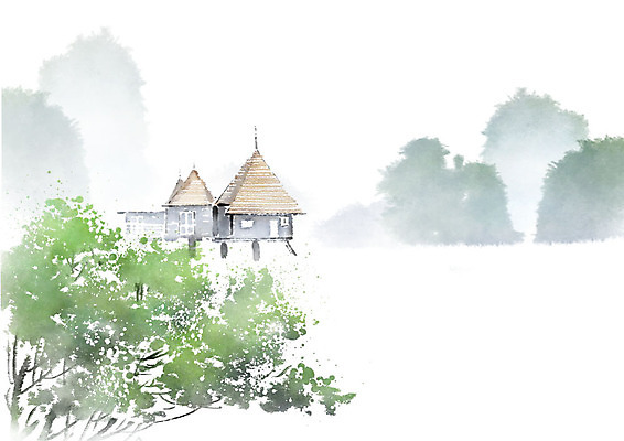 PSD 나무 호수 일러스트 캘리그라피 붓터치 산 주택 흑백 풍경 사람없음 건물 초록색 물 강 노란색 숲 휴양지 번짐 수상가옥 국내일러스트 자연요소 식물 건축물 컬러 촬영기법 장소 파일형식 효과