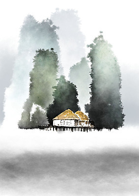 PSD 호수 일러스트 캘리그라피 붓터치 산 주택 흑백 풍경 사람없음 건물 초록색 물 강 노란색 휴양지 번짐 수상가옥 국내일러스트 자연요소 건축물 컬러 촬영기법 장소 파일형식 효과