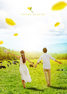 전신 PSD 편집이미지 커플 드레스 여자 남자 꽃잎 부케 결혼 여러마리 결혼식 팔벌리기 따뜻함 사랑 사람 초원 성인 두명 뒷모습 초록색 노란색 걷기 손잡기 화관 봄 한국인 소 낙화 소떼 신랑신부 성인만 카피스페이스 이미지편집 옷 계절 꽃 감정 신부_웨딩 뷰포인트 컬러 꽃다발 다수 신랑 포유류 관계 모션 동양인 이벤트 공백 파일형식