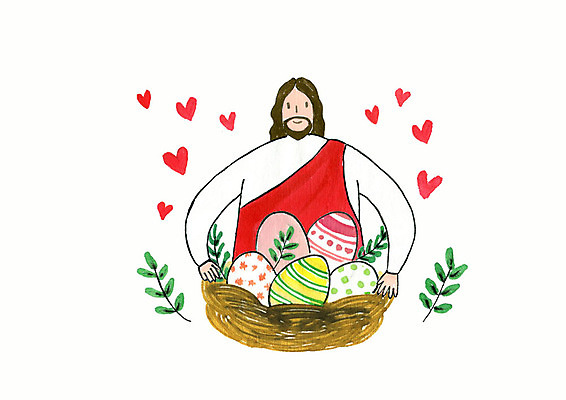 PSD 남자 기독교 종교 일러스트 붓터치 나뭇잎 사랑 한명 미소 들기 사람 상반신 성인 교회 바구니 하트 예수 부활절계란 국내일러스트 모양 1 감정 잎 종교건축 모션 부활절 표정 건물 계란 신_종교 파일형식