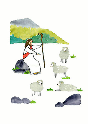 전신 PSD 남자 기독교 종교 여러마리 일러스트 지팡이 붓터치 부활절 산 사랑 한명 사람 앉기 초원 성인 교회 바위 양 예수 양떼 선한목자 국내일러스트 1 기념일 감정 다수 포유류 종교건축 모션 건물 돌_바위 신_종교 파일형식