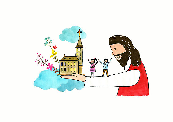 전신 PSD 구름 여자 남자 꽃 기독교 종교 어린이 일러스트 붓터치 부활절 사랑 미소 들기 사람 상반신 성인 세명 파란색 성당 교회 만세 예수 국내일러스트 자연요소 식물 기념일 감정 컬러 종교건축 모션 표정 건물 신_종교 파일형식