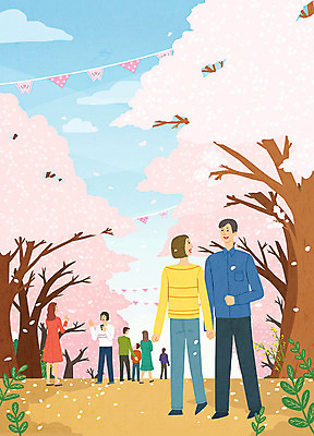 전신 PSD 커플 여자 남자 행복 일러스트 봄꽃 가족 사람 여러명 성인 친구 걷기 손잡기 사진촬영 축제 봄 산책 벚꽃 즐거움 가랜드 꽃비 꽃축제 봄소풍 지역축제 봄축제 대한민국축제 국내일러스트 계절 꽃 감정 다수 관계 모션 휴식 소풍 촬영 파티용품 파일형식