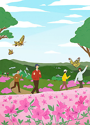 전신 PSD 나무 구름 여자 남자 행복 여행 나비 여러마리 일러스트 봄꽃 하늘 산 사람 여러명 상반신 성인 봄 등산 즐거움 철쭉 봄소풍 산악회 지역축제 봄축제 대한민국축제 국내일러스트 자연요소 식물 계절 꽃 감정 다수 곤충 소풍 축제 트래킹 파일형식