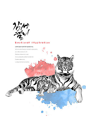 PSD 동물 새끼 두마리 일러스트 캘리그라피 붓터치 한국 앉기 사람없음 빨간색 파란색 호랑이 태극 번짐 감성 국내일러스트 문양 아시아 컬러 컨셉 2 포유류 모션 파일형식 효과