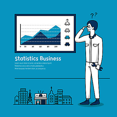 전신 남자 일러스트 비즈니스 자동차 통계 그래프 한명 사람 빌딩 성인 건물 파란색 상점 물음표 공구 플랫 수리 사장 사회이슈 복고 창업 정비공 의문 소호 정비소 국내일러스트 AI파일 1 건축물 기호 육상교통 컬러 컨셉 도구 기술자 자영업 파일형식 벡터