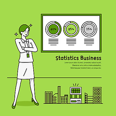 전신 여자 일러스트 회사 비즈니스 통계 그래프 한명 미소 사람 빌딩 성인 건물 연두색 팔짱 직장인 플랫 사회이슈 복고 창업 사원증 소호 국내일러스트 AI파일 직업 1 건축물 컨셉 모션 표정 초록색 자영업 파일형식 벡터