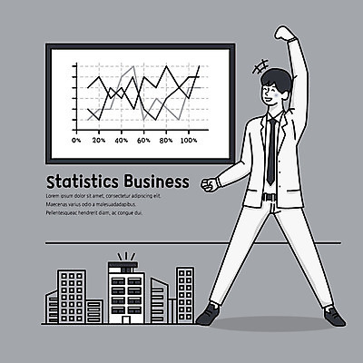 전신 남자 일러스트 회사 비즈니스 통계 그래프 한명 미소 사람 정장 빌딩 성인 건물 손들기 파이팅 회색 직장인 플랫 사회이슈 복고 창업 소호 국내일러스트 AI파일 직업 1 건축물 옷 컬러 컨셉 모션 표정 자영업 파일형식 벡터