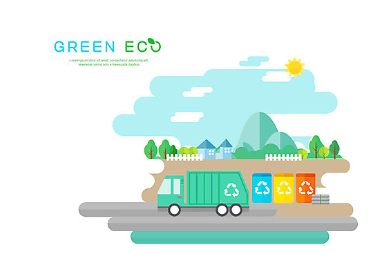 PSD 나무 도로 일러스트 산 사람없음 야외 초록색 재활용 트럭 쓰레기통 그린에너지 에코 분리수거 분리수거함 쓰레기차 국내일러스트 식물 길 컬러 교통시설 자동차 환경 에너지 친환경 수거함 파일형식