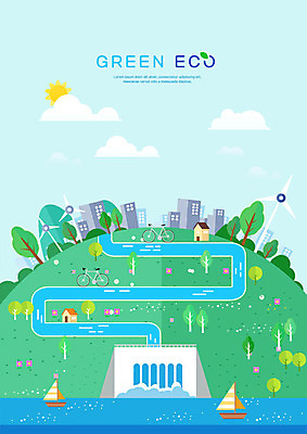 PSD 나무 공원 바다 요트 일러스트 잔디 사람없음 건물 초록색 파란색 자전거 그린에너지 풍력에너지 댐 에코 수력발전 국내일러스트 에너지의날 식물 건축물 공공시설 기념일 컬러 배_교통 환경 바이크 에너지 발전 수력에너지 파일형식
