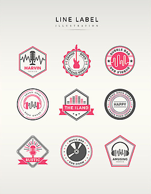 도형 영어 음악 분홍색 라인일러스트 일러스트 프레임 사람없음 세트 라벨 헤드셋 CD 기타 마이크 이퀄라이저 국내일러스트 AI파일 문자 컬러 음향기기 현악기 문화예술 헤드폰 파일형식 벡터