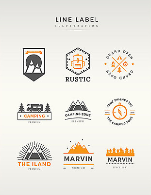 도형 영어 라인일러스트 일러스트 배낭 산 프레임 사람없음 세트 라벨 주황색 캠핑 나침반 국내일러스트 AI파일 문자 컬러 가방 레저 파일형식 벡터