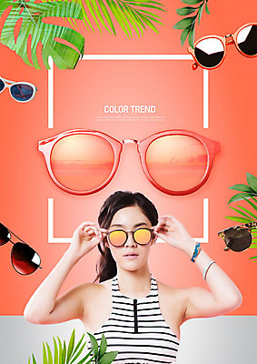 PSD 편집이미지 여자 수영복 컬러 한명 사람 상반신 20대 성인 앞모습 선글라스 유행 한국인 열대잎 의료성형뷰티 성인여자한명만 리빙코랄 이미지편집 1 옷 안경 뷰포인트 잎 동양인 청년 여자한명만 성인여자만 파일형식 트랜드컬러 코랄