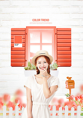 PSD 식물 편집이미지 원피스 여자 벽 컬러 창문 한명 미소 사람 상반신 20대 성인 앞모습 울타리 유행 한국인 튤립 우체통 챙모자 성인여자한명만 리빙코랄 이미지편집 모자_잡화 1 옷 꽃 뷰포인트 표정 동양인 청년 담장 여자한명만 성인여자만 파일형식 트랜드컬러 코랄