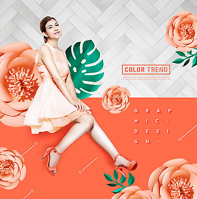 전신 PSD 서양인 외국인 편집이미지 원피스 여자 꽃 컬러 잎 한명 미소 사람 앉기 20대 성인 옆모습 유행 열대잎 종이꽃 리빙코랄 이미지편집 식물 1 옷 뷰포인트 모션 표정 인종 청년 파일형식 트랜드컬러 코랄