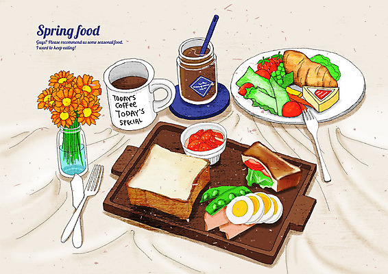 PSD 커피 음식 포크 채소 일러스트 딸기 샌드위치 요리 사람없음 하이앵글 꽃병 봄 샐러드 나이프 맛 커피잔 크루아상 식빵 베이컨 상큼 버터 삶은계란 베이지색 싱그러움 국내일러스트 식기 계절 꽃 음료 빵 뷰포인트 컬러 컨셉 과일 잔 돼지고기 계란 칼 계란요리 파일형식