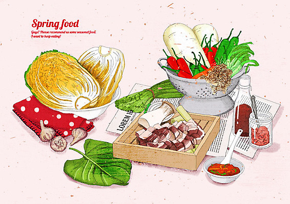 PSD 음식 분홍색 채소 일러스트 고추 마늘 돼지고기 요리 사람없음 빨간색 하이앵글 버섯 봄 양념 신문 맛 무 배추 보쌈 쌈장 상큼 부추 고춧가루 배추쌈 싱그러움 국내일러스트 계절 한식 뷰포인트 컬러 컨셉 뿌리채소 육류 간행물 뉴스 가루 파일형식