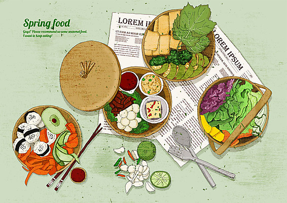 PSD 음식 포크 일러스트 젓가락 호박 요리 사람없음 초록색 하이앵글 봄 당근 양념 신문 나이프 맛 상추 쌈 깻잎 두부 상큼 주먹밥 메추리알 싱그러움 쌈채소 국내일러스트 식기 계절 뷰포인트 컬러 컨셉 채소 밥 뿌리채소 수저 간행물 알 뉴스 칼 파일형식