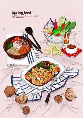 PSD 음식 분홍색 포크 채소 일러스트 고추 오이 수저 요리 사람없음 하이앵글 버섯 봄 식탁보 된장 맛 떡볶이 양배추 청경채 비빔밥 상큼 싱그러움 국내일러스트 식기 계절 한식 뷰포인트 컬러 컨셉 양념 분식 파일형식