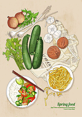 PSD 음식 채소 일러스트 젓가락 호박 양파 오이 마늘 요리 사람없음 초록색 하이앵글 봄 신문 맛 상큼 볶음밥 미나리 베이지색 싱그러움 파스타면 국내일러스트 계절 뷰포인트 컬러 컨셉 파스타 수저 간행물 면류 뉴스 파일형식
