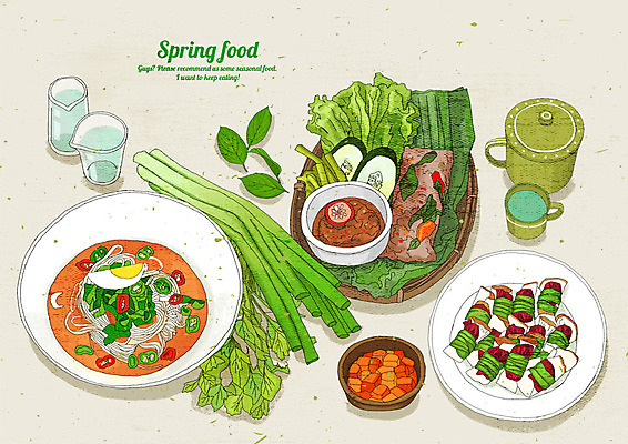 PSD 음식 잎 일러스트 주전자 요리 사람없음 초록색 하이앵글 봄 맛 찻잔 깍두기 물컵 상큼 미나리 고기쌈 베이지색 비빔면 싱그러움 국내일러스트 식물 계절 뷰포인트 컬러 컨셉 채소 주방용품 김치 잔 컵 쌈 파일형식