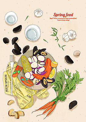 PSD 음식 포크 잎 일러스트 감자 마늘 옥수수 요리 사람없음 빨간색 초록색 하이앵글 노란색 봄 당근 신문 맛 레몬 홍합 상큼 킹크랩 싱그러움 국내일러스트 식물 식기 계절 뷰포인트 컬러 컨셉 채소 과일 어패류 곡류 뿌리채소 간행물 게 뉴스 파일형식