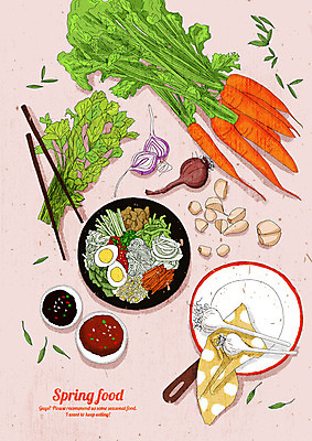 PSD 접시 음식 분홍색 채소 일러스트 젓가락 양파 마늘 요리 사람없음 하이앵글 봄 당근 양념 맛 상큼 미나리 싱그러움 국내일러스트 식기 계절 뷰포인트 컬러 컨셉 뿌리채소 수저 파일형식