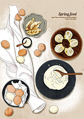 PSD 음식 일러스트 요리 사람없음 하이앵글 노란색 계란 숟가락 봄 맛 천 만두 반죽 밀가루 상큼 베이지색 싱그러움 국내일러스트 계절 뷰포인트 컬러 컨셉 수저 알 직물 가루 파일형식