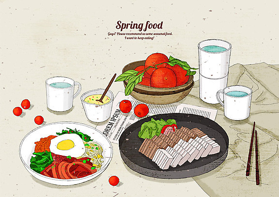 PSD 음식 채소 일러스트 젓가락 방울토마토 요리 사람없음 하이앵글 봄 식탁보 맛 수프 사과 물컵 비빔밥 상큼 도토리묵 싱그러움 국내일러스트 계절 한식 뷰포인트 컨셉 토마토 과일 수저 컵 파일형식