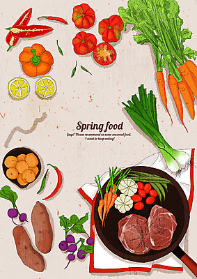 PSD 음식 채소 일러스트 방울토마토 고추 피망 파프리카 마늘 스테이크 요리 사람없음 하이앵글 봄 당근 식탁보 프라이팬 맛 레몬 고구마 상큼 대파 싱그러움 국내일러스트 계절 뷰포인트 컨셉 토마토 과일 주방용품 뿌리채소 서양음식 파 파일형식