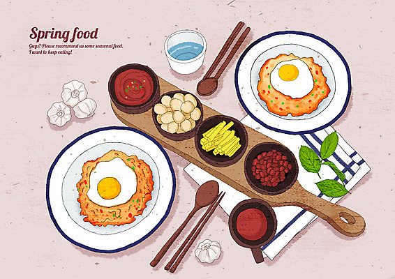 PSD 잎 일러스트 젓가락 반찬 콩 마늘 요리 사람없음 하이앵글 계란 숟가락 봄 식탁보 고추장 물컵 메추리알 오므라이스 김치볶음밥 국내일러스트 식물 계절 음식 뷰포인트 채소 곡류 수저 컵 알 양념 계란요리 볶음밥 파일형식