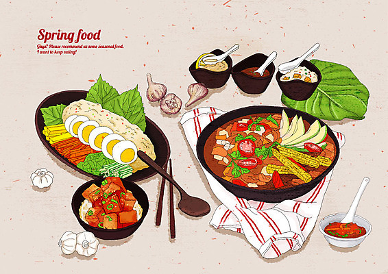 PSD 잎 채소 일러스트 젓가락 반찬 마늘 요리 사람없음 하이앵글 계란 숟가락 봄 식탁보 소스 깻잎 볶음밥 야채수프 국내일러스트 식물 계절 음식 뷰포인트 수저 알 양념 파일형식