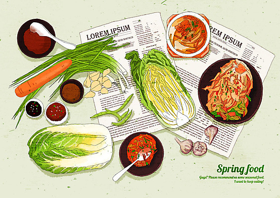 PSD 음식 일러스트 김치 마늘 요리 사람없음 빨간색 초록색 하이앵글 봄 양념 된장 맛 배추 완두콩 배추김치 상큼 영자신문 쪽파 싱그러움 국내일러스트 계절 한식 뷰포인트 컬러 컨셉 채소 콩 신문 파 파일형식